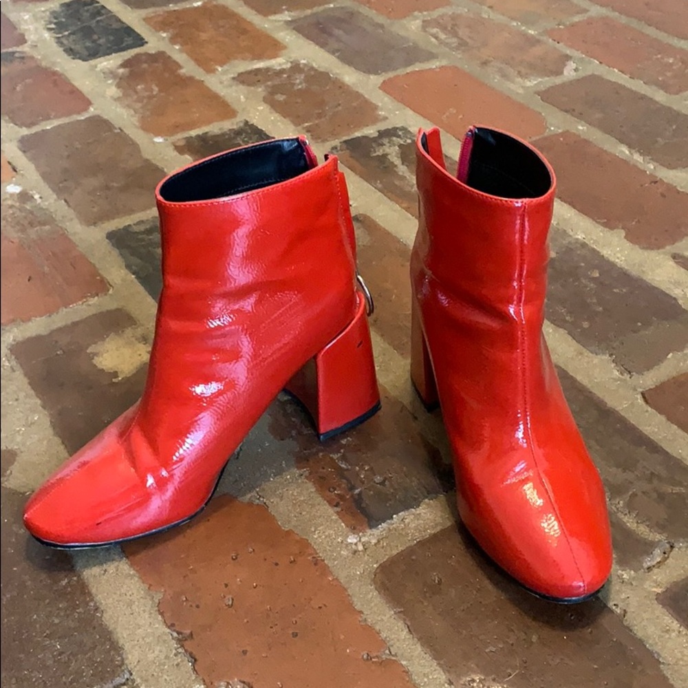 Red leather ankle boots